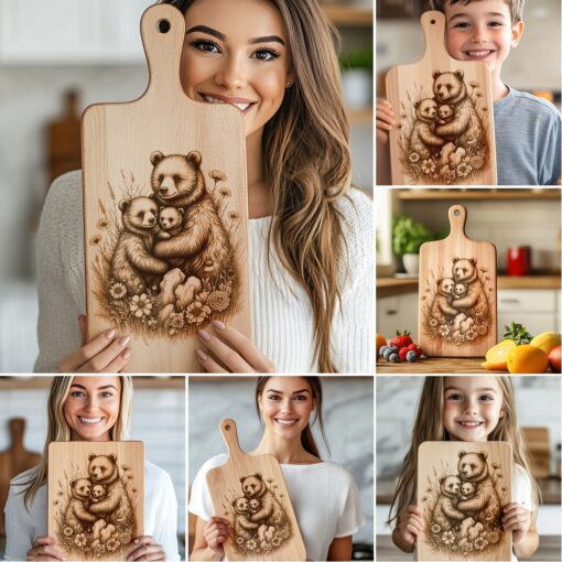 Bear Family Charcuterie Board Laser Engraving Files, Rustic