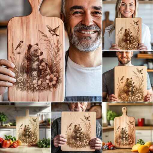 Bear Family Charcuterie Board Laser Engraving Files, Rustic