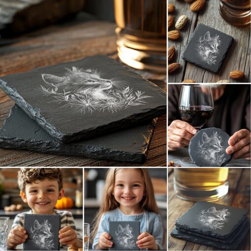 Cat Flora Slate Coaster Engraving Designs, 6 Unique