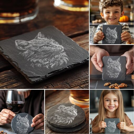 Cat Flora Slate Coaster Engraving Designs, 6 Unique