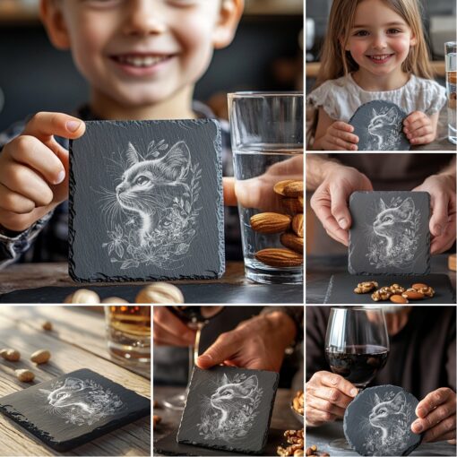 Cat Flora Slate Coaster Engraving Designs, 6 Unique