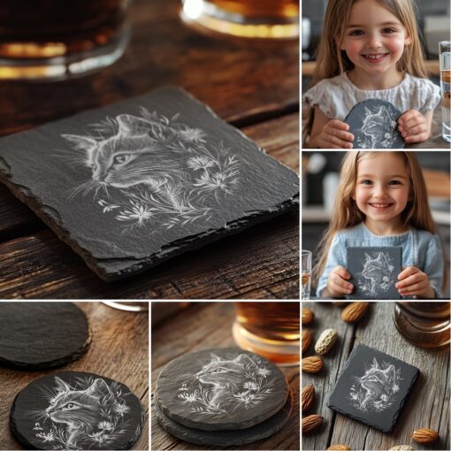 Cat Flora Slate Coaster Engraving Designs, 6 Unique