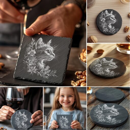 Cat Flora Slate Coaster Engraving Designs, 6 Unique