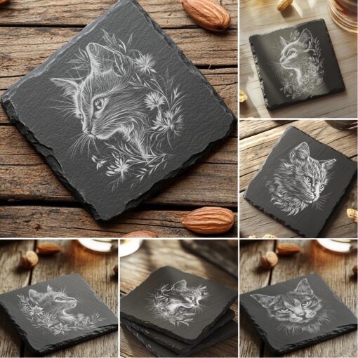 Cat Flora Slate Coaster Engraving Designs, 6 Unique