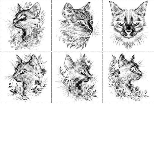 Cat Flora Slate Coaster Engraving Designs, 6 Unique