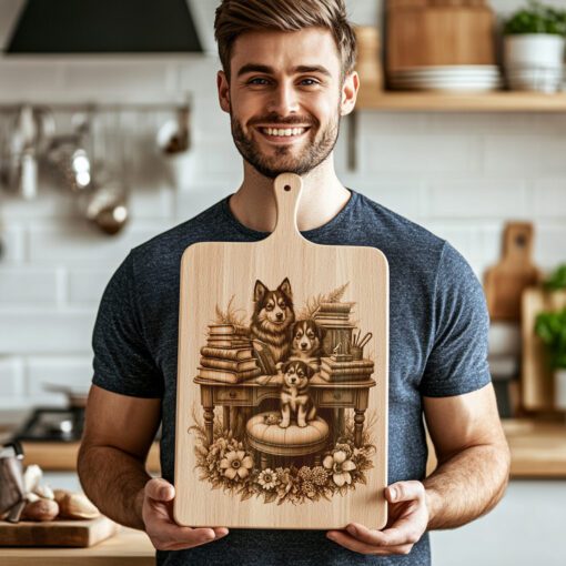 Charcuterie Board Engraving File, Dog Family with Books
