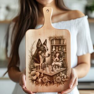 Charcuterie Board Engraving File, Dogs Playing Chess by