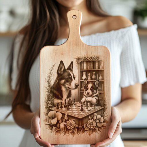 File incisione tagliere salumi, cani che giocano a scacchi accanto a una libreria, decorazione unica. - immagine 4