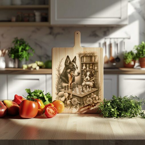 File incisione tagliere salumi, cani che giocano a scacchi accanto a una libreria, decorazione unica. - immagine 6