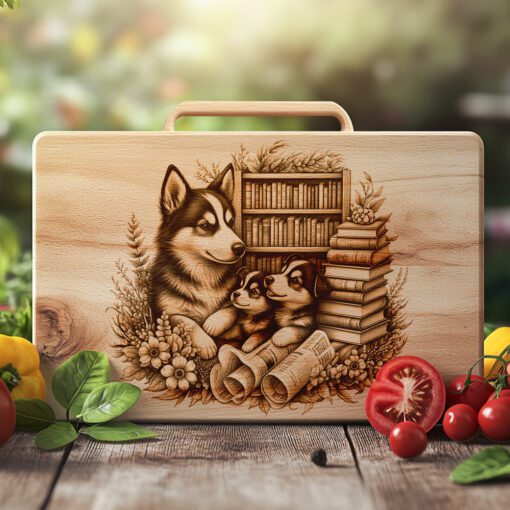 Archivo de grabado para tabla de charcutería, Perro familiar, Libros, Decoración de cocina, Diseño de regalo - Imagen 2