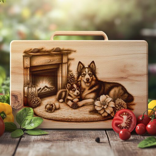 Charcuterie Board Engraving File, Family Dog by Fireplace,
