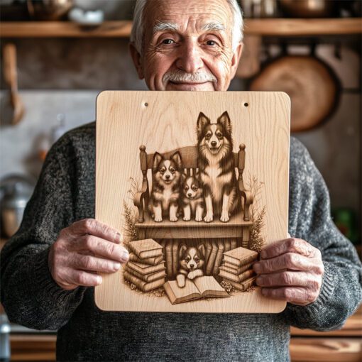File per incisione tagliere di salumi, Disegno cane di famiglia con libri, Regalo per decorazione cucina - immagine 2