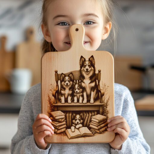 File per incisione tagliere di salumi, Disegno cane di famiglia con libri, Regalo per decorazione cucina - immagine 4
