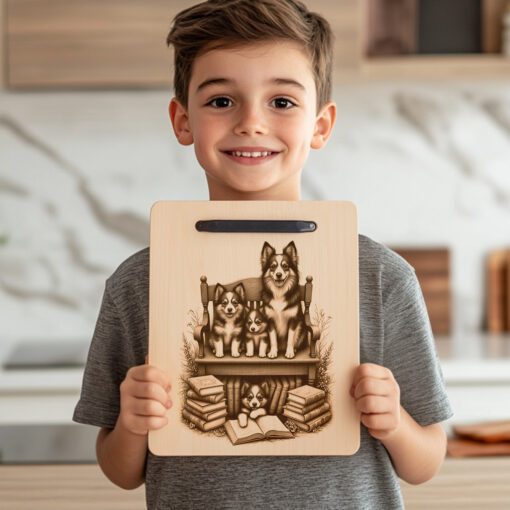 File per incisione tagliere di salumi, Disegno cane di famiglia con libri, Regalo per decorazione cucina - immagine 5