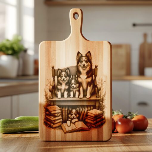 File per incisione tagliere di salumi, Disegno cane di famiglia con libri, Regalo per decorazione cucina - immagine 6