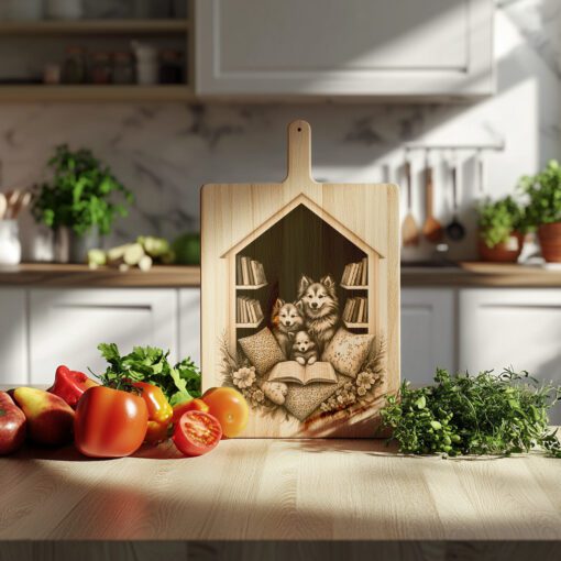Archivo de grabado para tabla de charcutería, Diseño Familia Huskies Leyendo, Regalo para Decoración de Cocina - Imagen 2