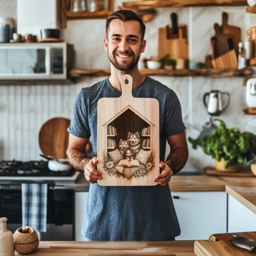 Archivo de grabado para tabla de charcutería, Diseño Familia Huskies Leyendo, Regalo para Decoración de Cocina - Imagen 3