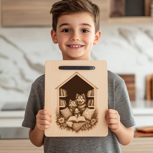 Archivo de grabado para tabla de charcutería, Diseño Familia Huskies Leyendo, Regalo para Decoración de Cocina - Imagen 4
