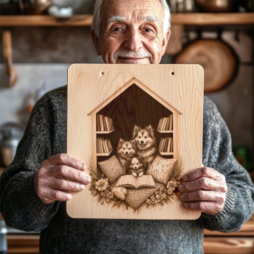 Archivo de grabado para tabla de charcutería, Diseño Familia Huskies Leyendo, Regalo para Decoración de Cocina - Imagen 6