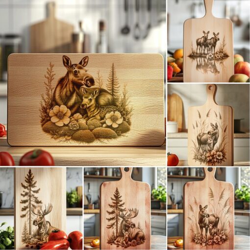 Charcuterie Board Laser Engraving Bundle, Elk Family Rustic