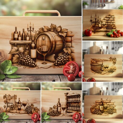 Charcuterie Board Laser Engraving Bundle, Retro Wine, Grapes,