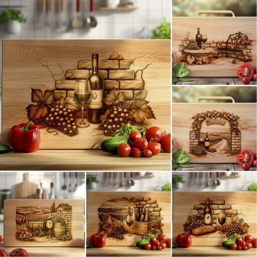 Charcuterie Board Laser Engraving Bundle, Retro Wine Grapes,