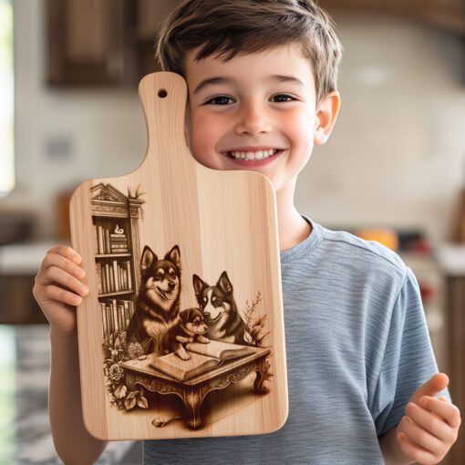 File di incisione laser per tagliere di salumi, disegno di cane di famiglia che legge, regalo per decorazioni da cucina - immagine 2