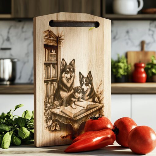 File di incisione laser per tagliere di salumi, disegno di cane di famiglia che legge, regalo per decorazioni da cucina - immagine 3
