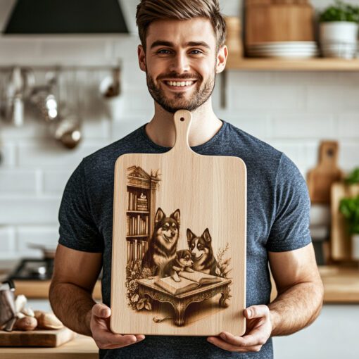 File di incisione laser per tagliere di salumi, disegno di cane di famiglia che legge, regalo per decorazioni da cucina - immagine 5