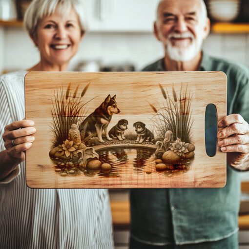 File di incisione laser per tagliere da salumi, Arte della famiglia Husky, Decorazioni rustiche per la cucina. - immagine 2