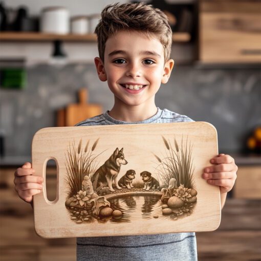File di incisione laser per tagliere da salumi, Arte della famiglia Husky, Decorazioni rustiche per la cucina. - immagine 3