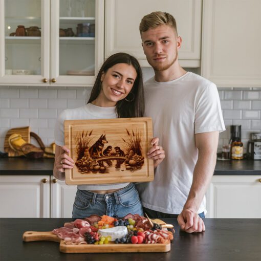 File di incisione laser per tagliere da salumi, Arte della famiglia Husky, Decorazioni rustiche per la cucina. - immagine 4