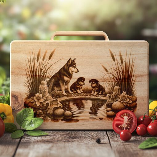 File di incisione laser per tagliere da salumi, Arte della famiglia Husky, Decorazioni rustiche per la cucina. - immagine 6