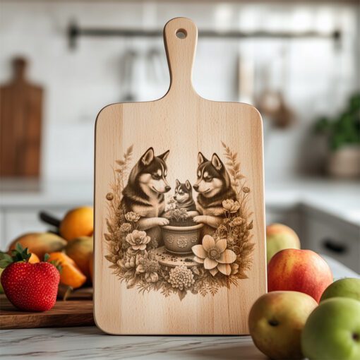 Charcuterie Board Laser Engraving File, Husky Family Floral