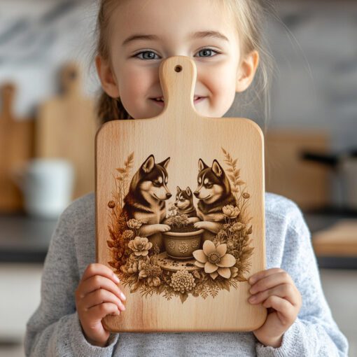 Charcuterie Board Laser Engraving File, Husky Family Floral