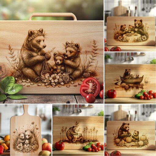 Charcuterie Board Laser Engraving Files, Bear Family Kitchen
