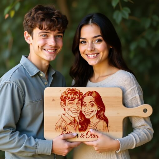 Custom Couple Caricature Portrait, Grayscale Laser Engraved Art,