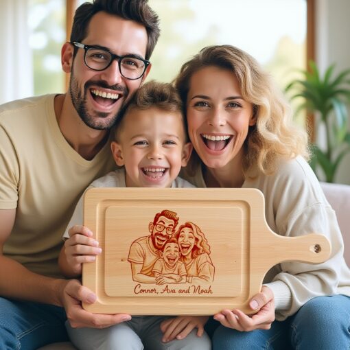 Custom Family Caricature Portrait from Photo, Laser Engraved