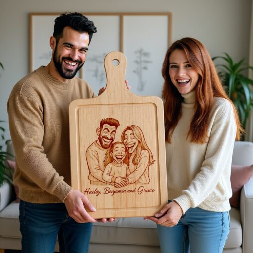 Custom Family Caricature Portrait from Photo, Laser Engraved