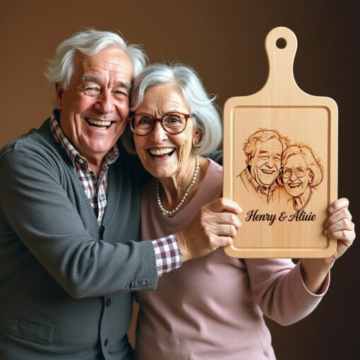 Custom Hand-Drawn Old Couple Portrait for Engraved Chopping