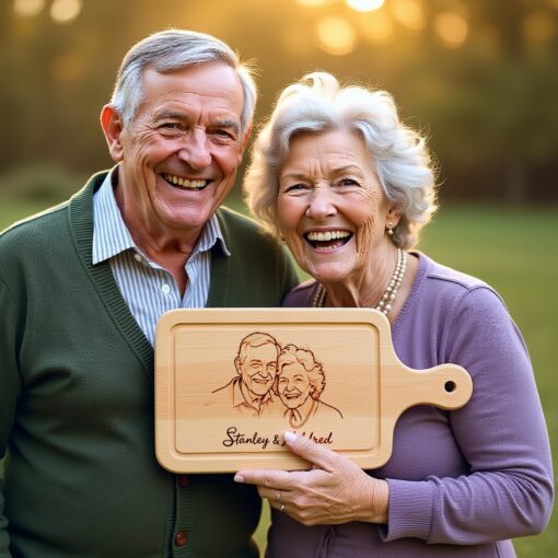 Custom Hand-Drawn Old Couple Portrait for Engraved Chopping