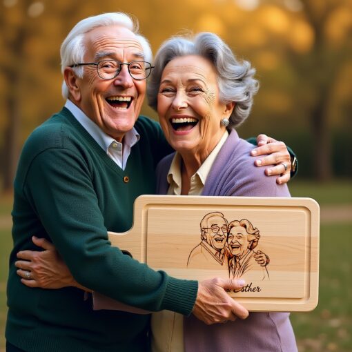 Custom Hand-Drawn Old Couple Portrait for Engraved Chopping