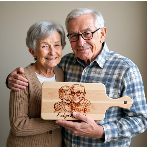Custom Old Couple Caricature Portrait, Grayscale Engraving Gift