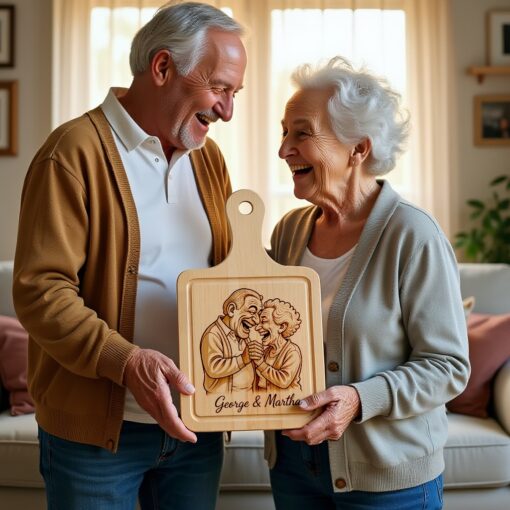 Custom Old Couple Caricature Portrait, Grayscale Engraving Gift
