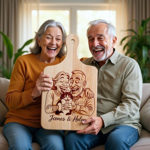 Custom Old Couple Caricature Portrait, Grayscale Engraving Gift