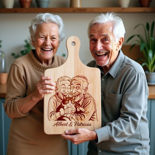 Custom Old Couple Caricature Portrait, Grayscale Engraving Gift