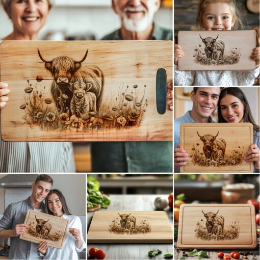 Highland Kuh Familie Charcuterie Brett Gravur Bundle, 6 Einzigartige Küchendekor Designs – Bild 2