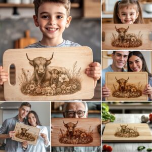 Highland Cow Family Charcuterie Board Engraving Bundle, 6