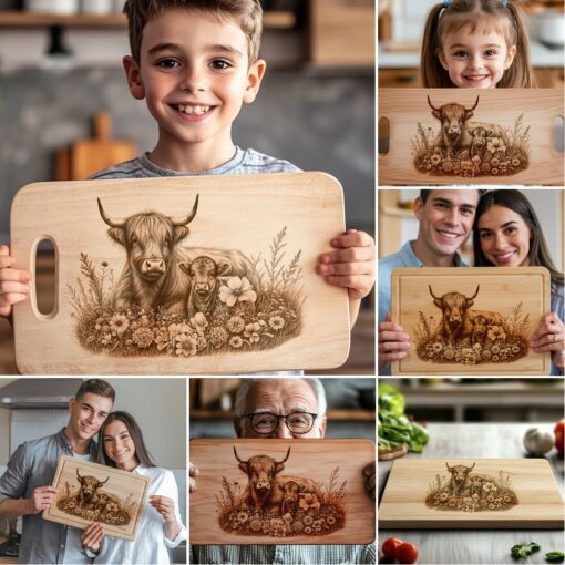Highland Kuh Familie Charcuterie Brett Gravur Bundle, 6 Einzigartige Küchendekor Designs – Bild 4