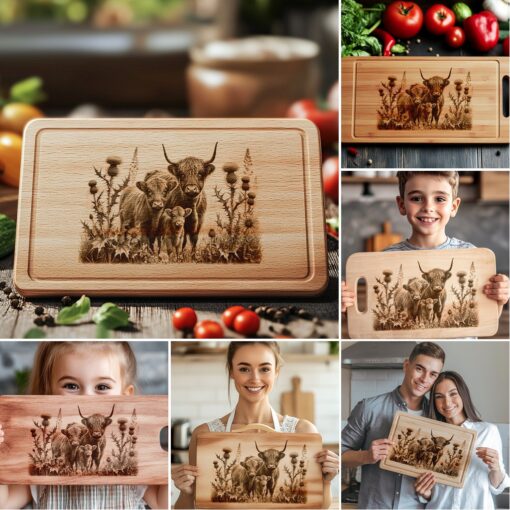 Highland Kuh Familie Charcuterie Brett Gravur Bundle, 6 Einzigartige Küchendekor Designs – Bild 5